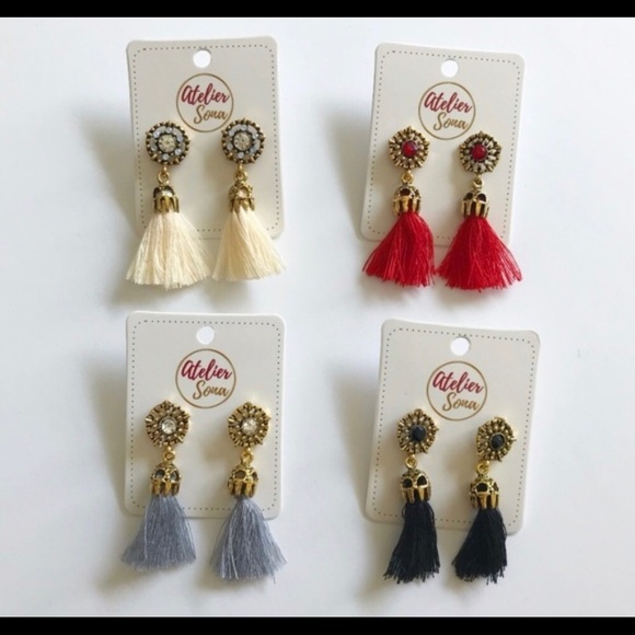 3/$10 Studded Cotton Fringe Tassel Earrings Gray - Picture 2 of 2